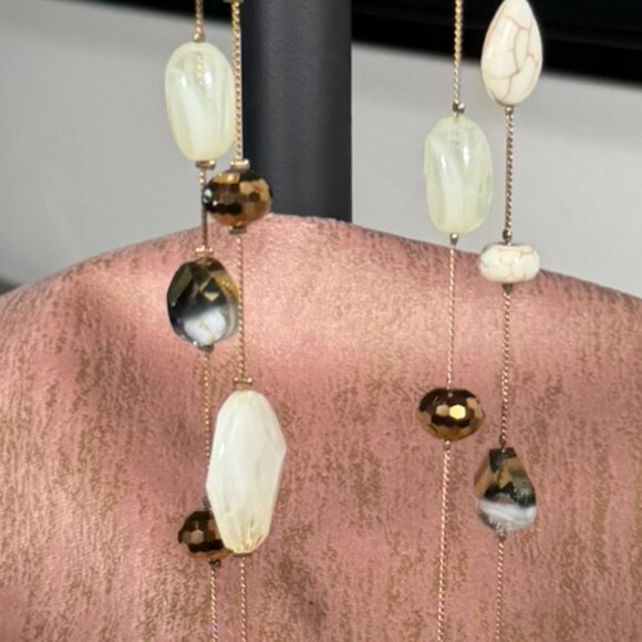 Boho Statement Necklace • Layered Long Beaded Design • Natural Stone & Gold-Tone - Picture 3 of 5